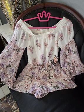 Blush White Off-Shoulder Floral Romper with Pink & Lavender Roses